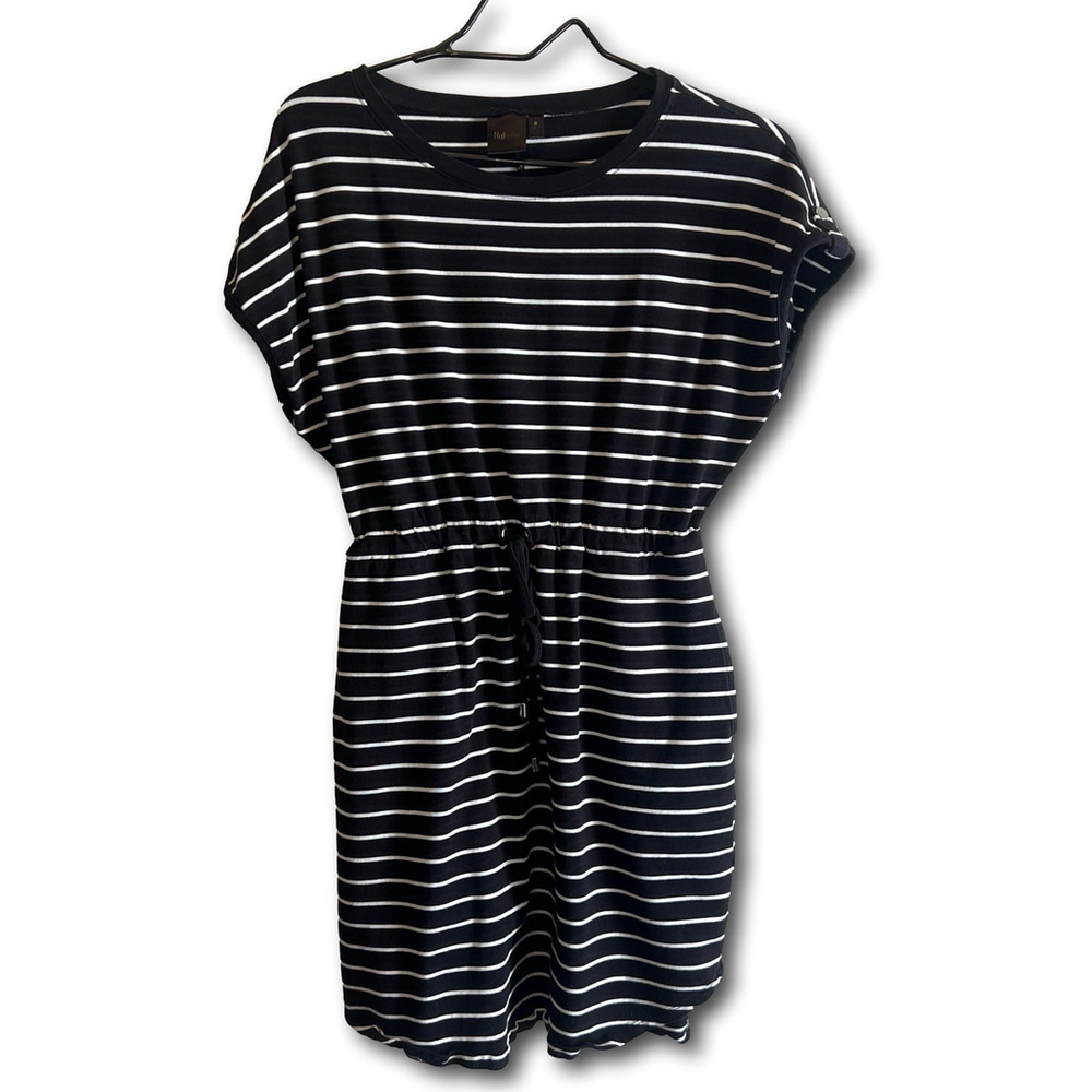 Rafaella Womens Short Sleeve Drawstring Waist Dress M Black Pockets Comfort